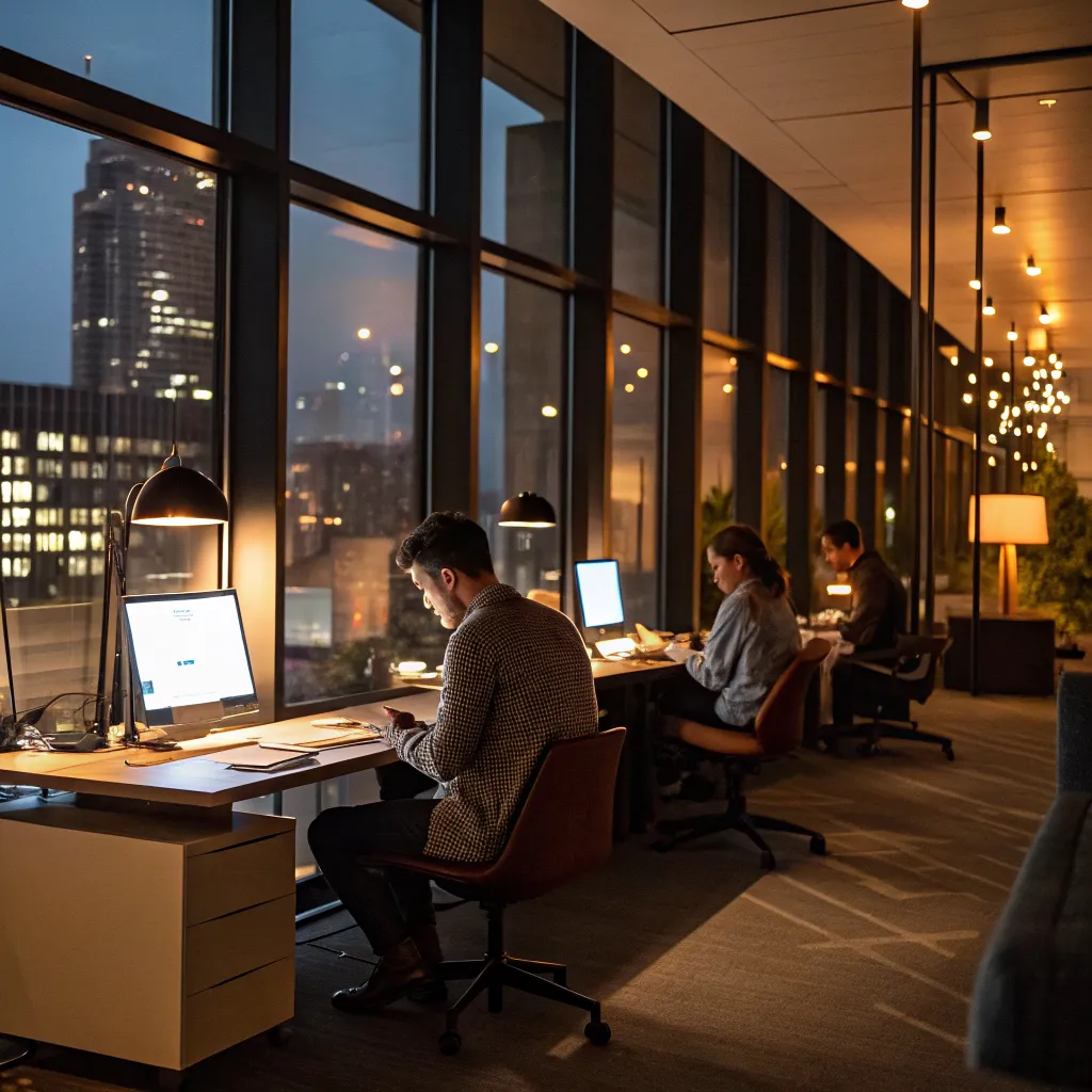 Modern late night center workspace with warm lighting